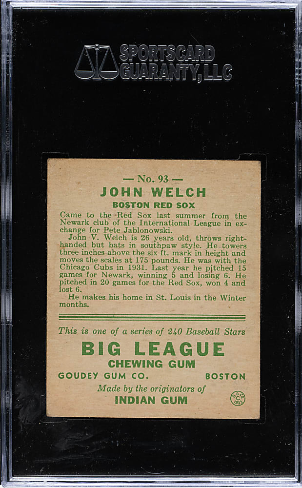 1933 R319 Goudey #93 John Welch SGC EX 60