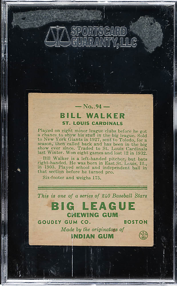 1933 R319 Goudey #94 Bill Walker SGC EX 60