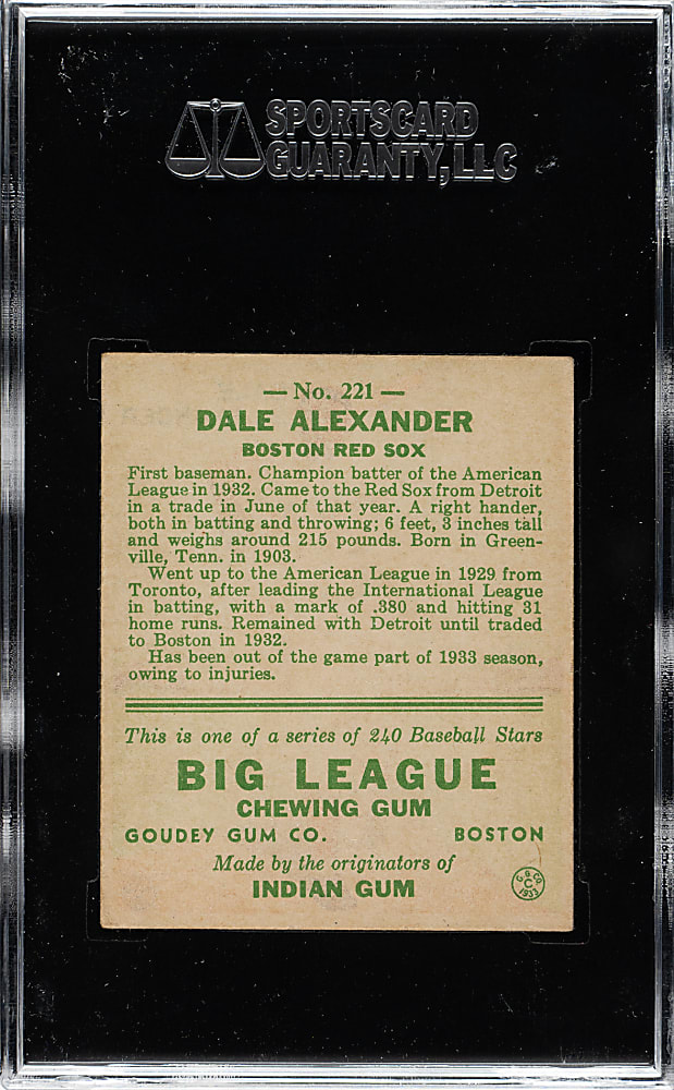 1933 R319 Goudey #221 Dale Alexander SGC EX 60