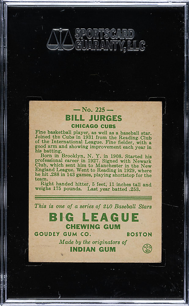 1933 R319 Goudey #225 Bill Jurges SGC EX 60