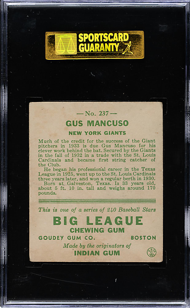 1933 R319 Goudey #237 Gus Mancuso SGC EX 60