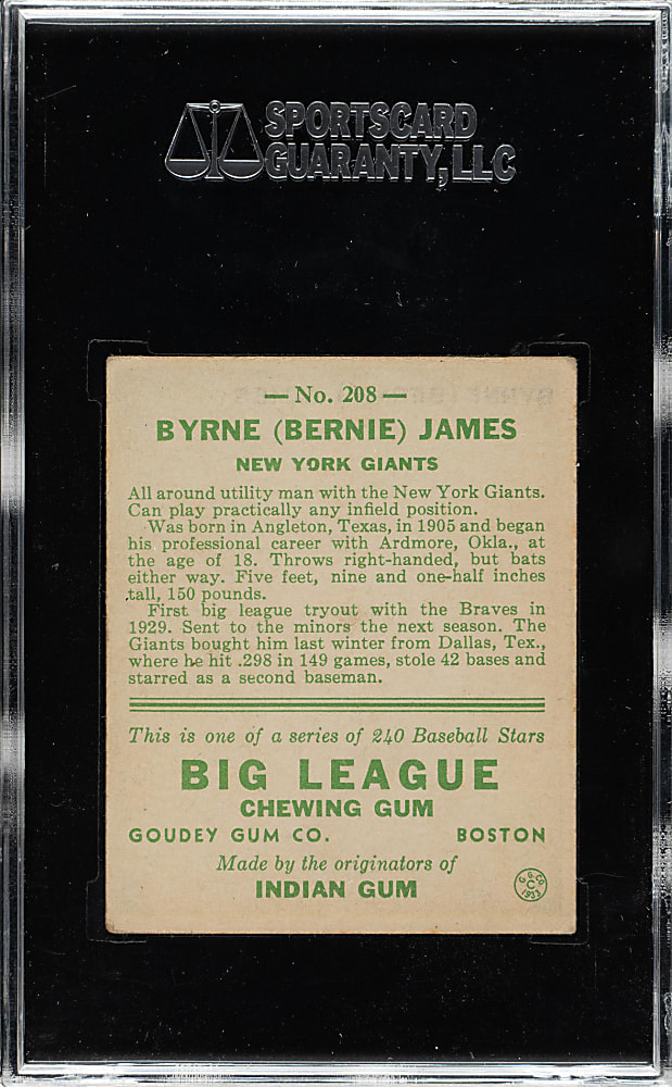 1933 R319 Goudey #208 Bernie James SGC EX 60