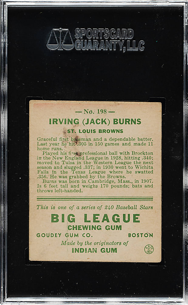 1933 R319 Goudey #198 Jack Burns SGC EX 60