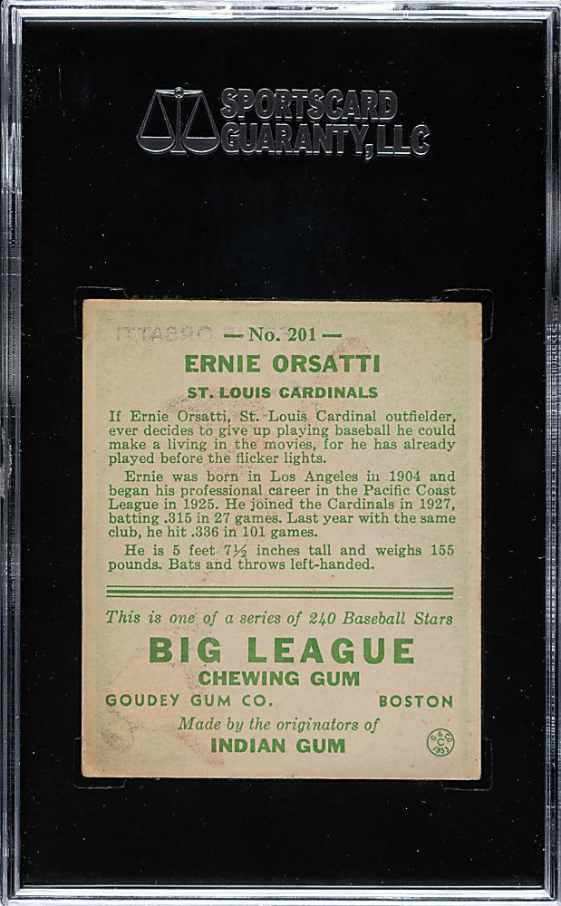 1933 R319 Goudey #201 Ernie Orsatti SGC EX 60
