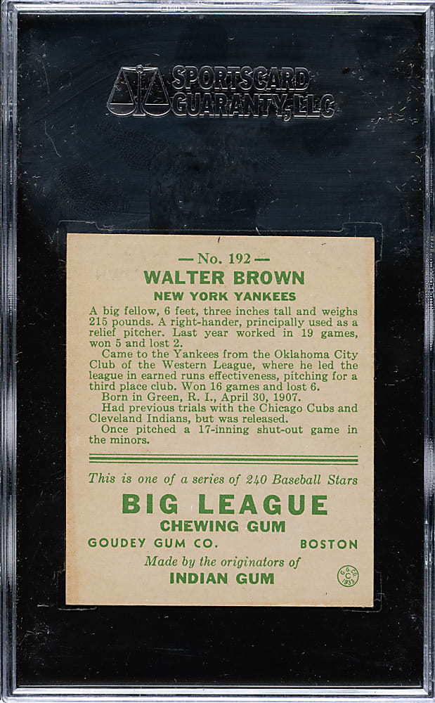 1933 R319 Goudey #192 Walter Brown SGC EX 60
