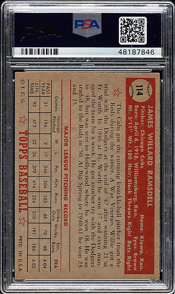 1952 Topps #114 Willard Ramsdell PSA EX-MT 6