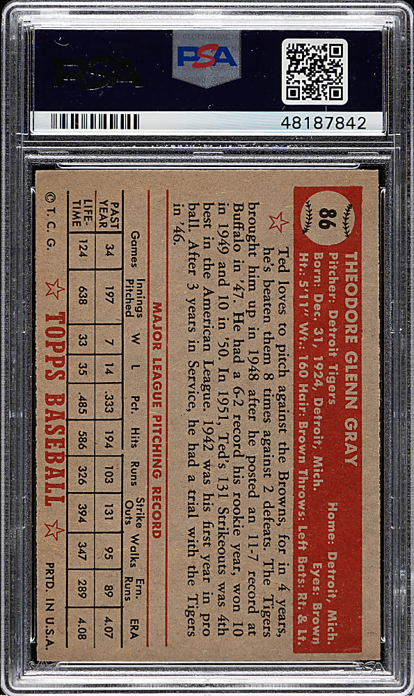 1952 Topps #86 Ted Gray PSA EX-MT 6
