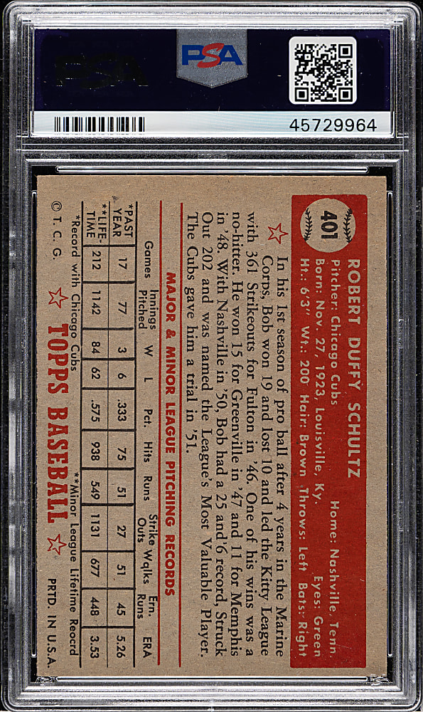 1952 Topps #401 Bob Schultz High Number PSA EX+ 5.5