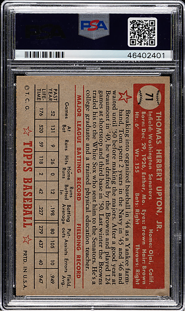 1952 Topps #71 Tom Upton PSA EX-MT 6