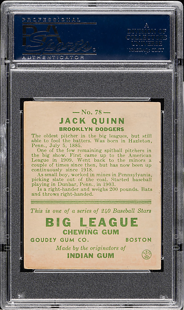 1933 R319 Goudey #78 Jack Quinn PSA EX 5