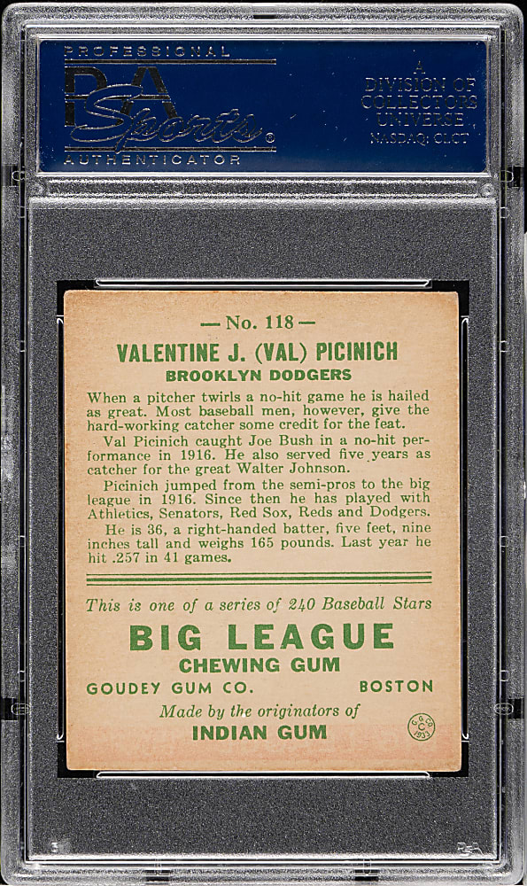 1933 R319 Goudey #118 Val Picinich PSA EX 5