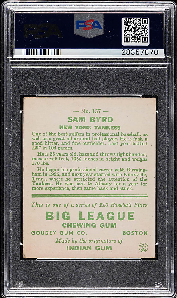 1933 R319 Goudey #157 Sammy Byrd PSA EX 5