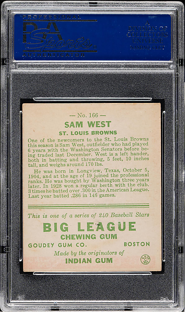 1933 R319 Goudey #166 Sam West PSA EX 5