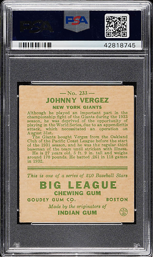 1933 R319 Goudey #233 Johnny Vergez PSA EX 5
