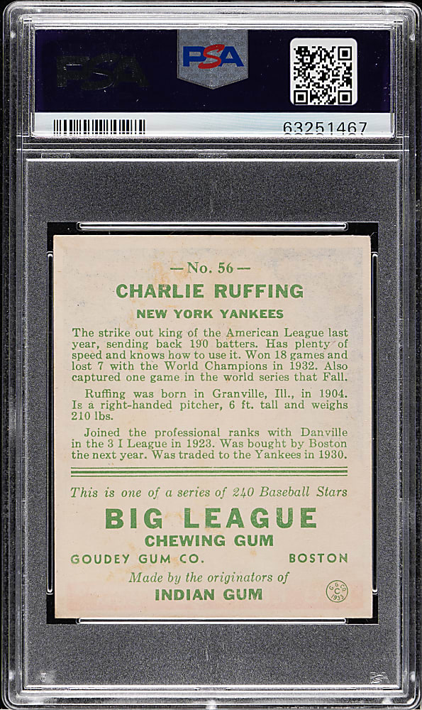 1933 R319 Goudey #56 Red Ruffing PSA VG-EX 4