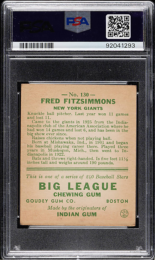 1933 R319 Goudey #130 Fred Fitzsimmons PSA VG-EX 4