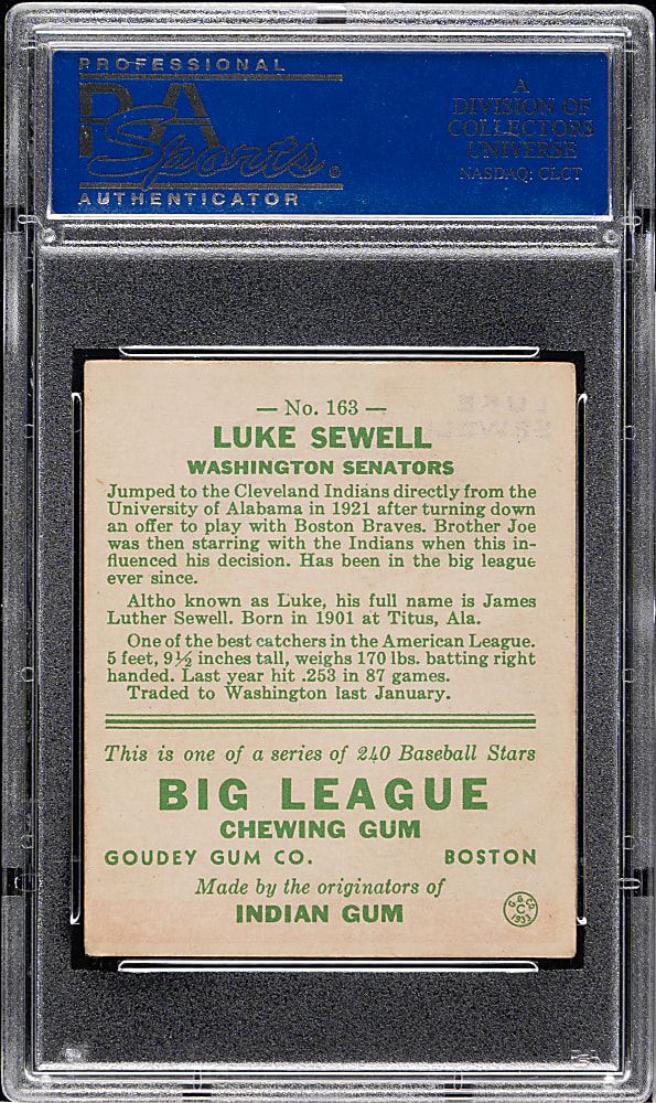 1933 R319 Goudey #163 Luke Sewell PSA VG-EX 4