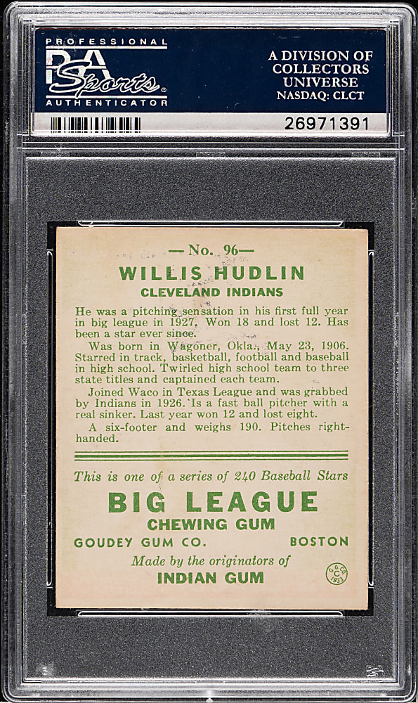 1933 R319 Goudey #96 Willis Hudlin PSA VG-EX 4