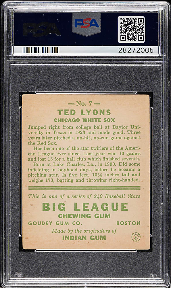 1933 R319 Goudey #7 Ted Lyons PSA VG-EX 4