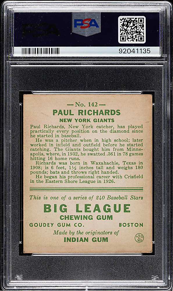 1933 R319 Goudey #142 Paul Richards PSA VG-EX 4