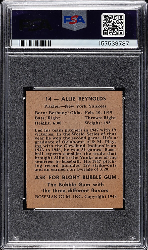 1948 Bowman #14 Allie Reynolds PSA EX-MT 6