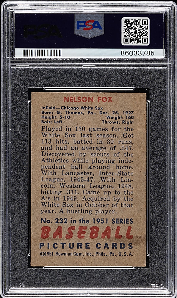 1951 Bowman #232 Nelson Fox Rookie PSA FAIR 1.5