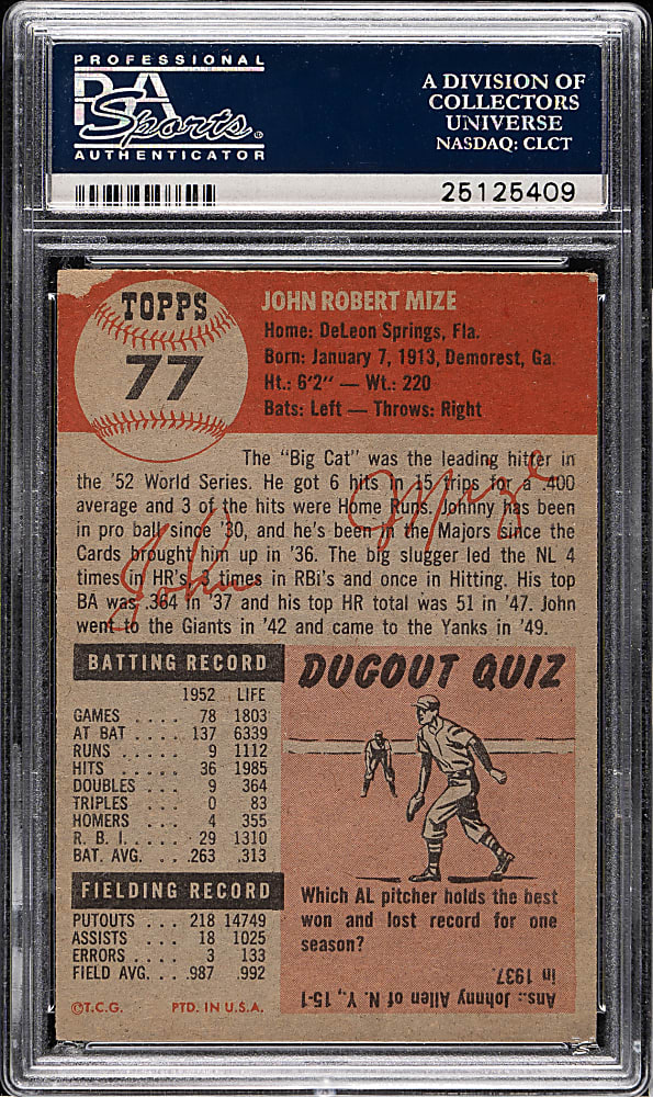 1953 Topps #77 Johnny Mize PSA VG 3