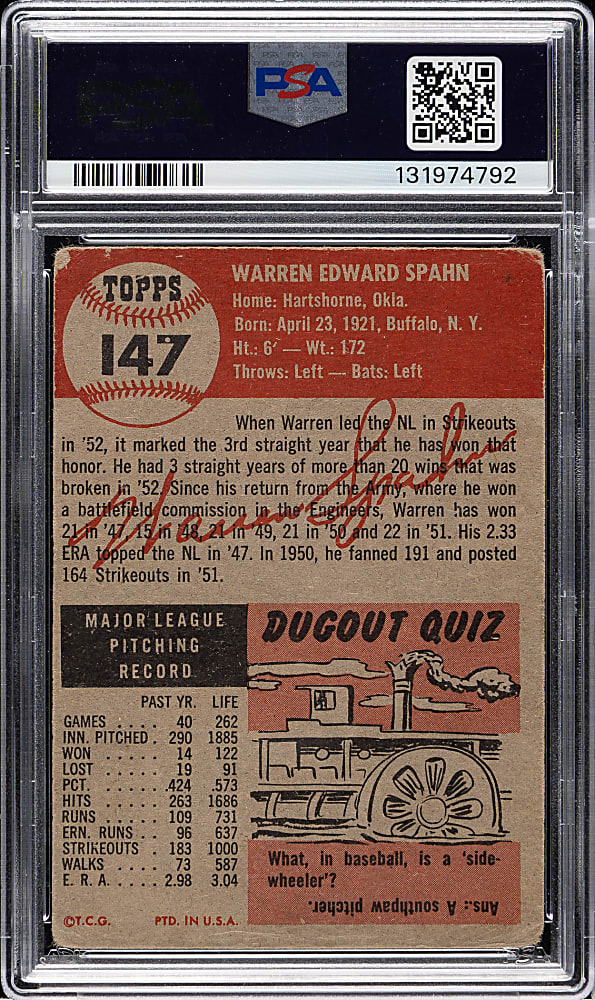 1953 Topps #147 Warren Spahn PSA FAIR 1.5
