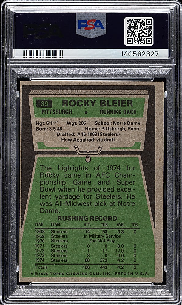 1975 Topps Football #39 Rocky Bleier Rookie PSA NM 7