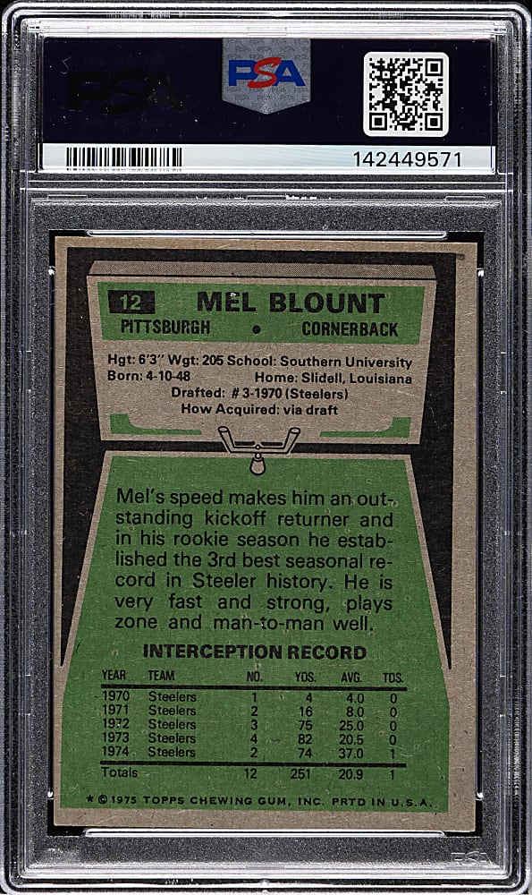 1975 Topps Football #12 Mel Blount Rookie PSA NM 7