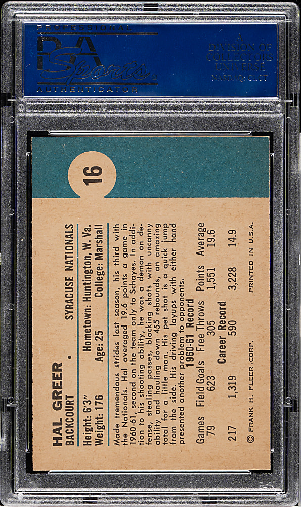 1961-1962 Fleer Basketball #16 Hal Greer Rookie PSA NM 7