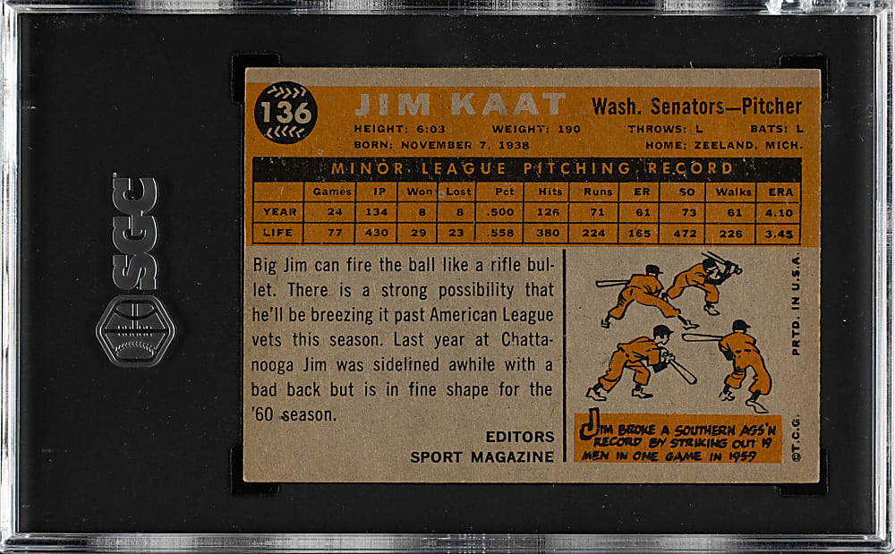 1960 Topps #136 Jim Kaat Rookie SGC EX+ 5.5