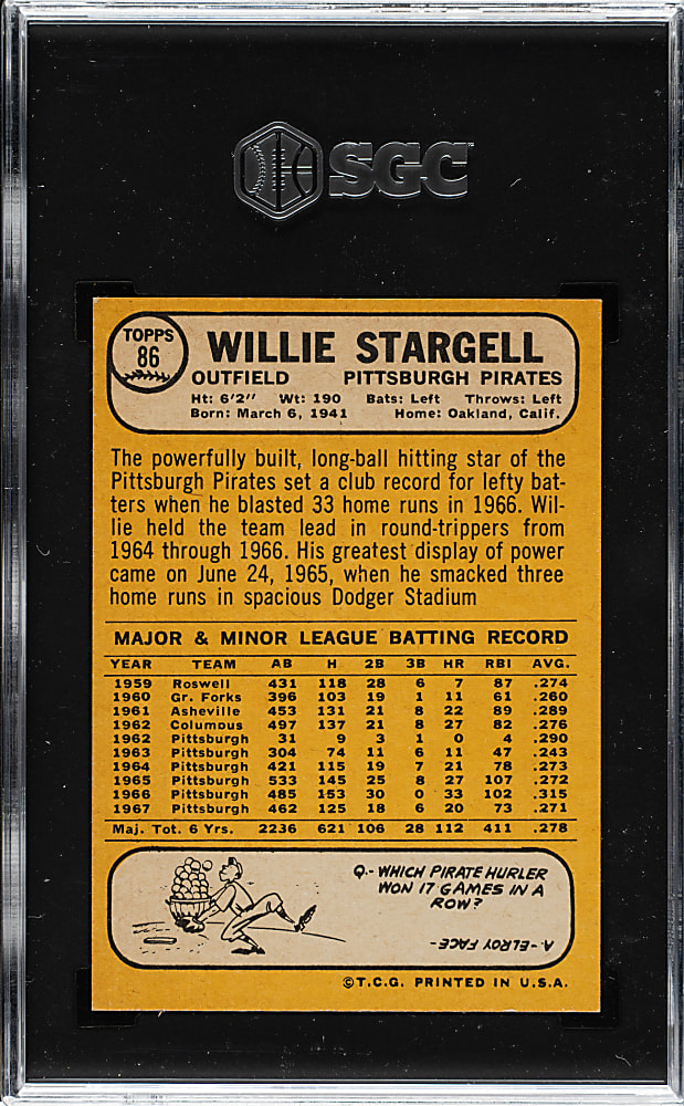 1968 Topps #86 Willie Stargell SGC NM/MT 8
