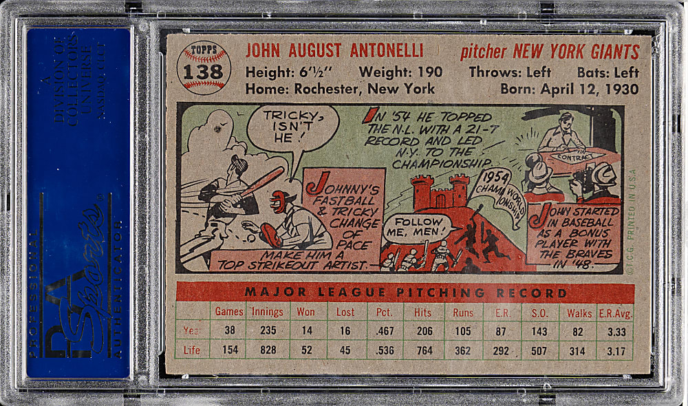 1956 Topps #138 Johnny Antonelli Gray Back PSA NM-MT 8