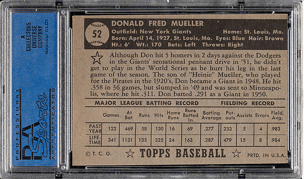 1952 Topps #52 Don Mueller Black Back PSA EX 5