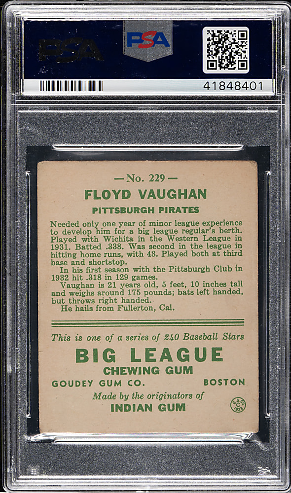 1933 R319 Goudey #229 Floyd "Arky" Vaughan PSA VG 3