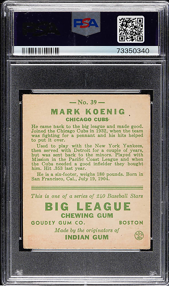 1933 R319 Goudey #39 Mark Koenig PSA VG 3