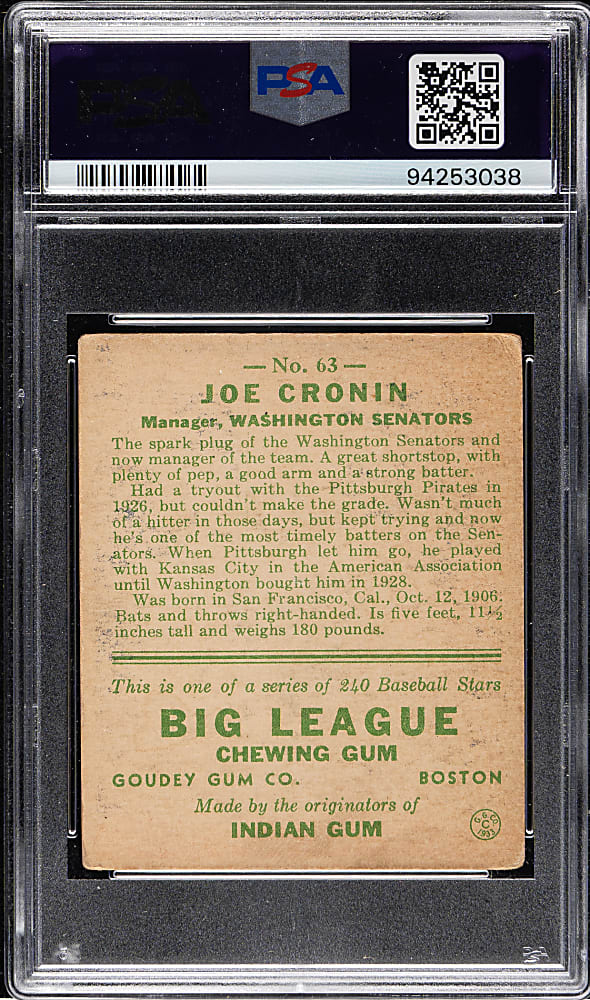 1933 R319 Goudey #63 Joe Cronin PSA VG 3