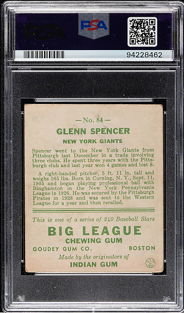 1933 R319 Goudey #84 Glenn Spencer PSA VG 3