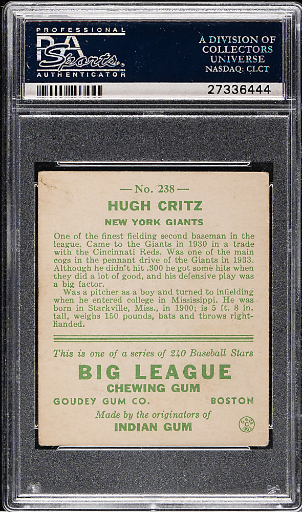 1933 R319 Goudey #238 Hugh Critz PSA VG+ 3.5
