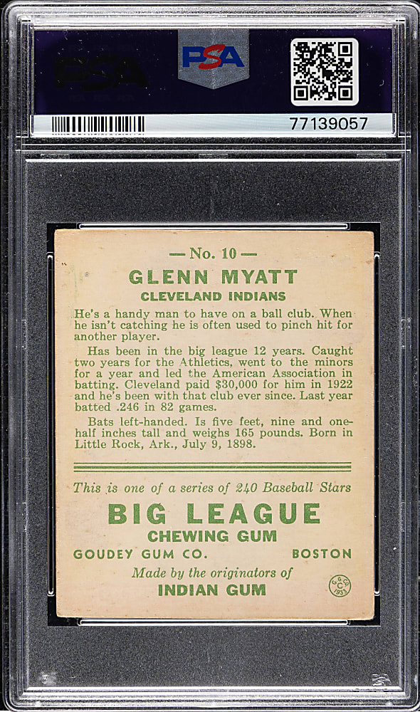 1933 R319 Goudey #10 Glenn Myatt PSA VG+ 3.5