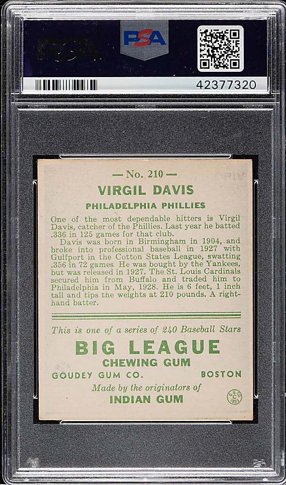 1933 R319 Goudey #210 Virgil Davis PSA EX+ 5.5