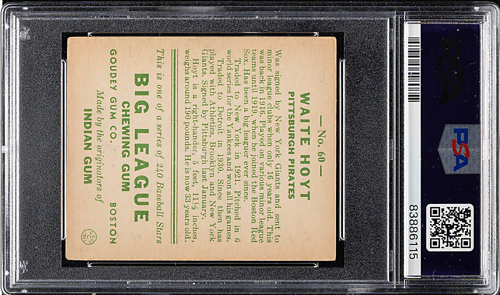 1933 R319 Goudey #60 Waite Hoyt PSA VG-EX+ 4.5