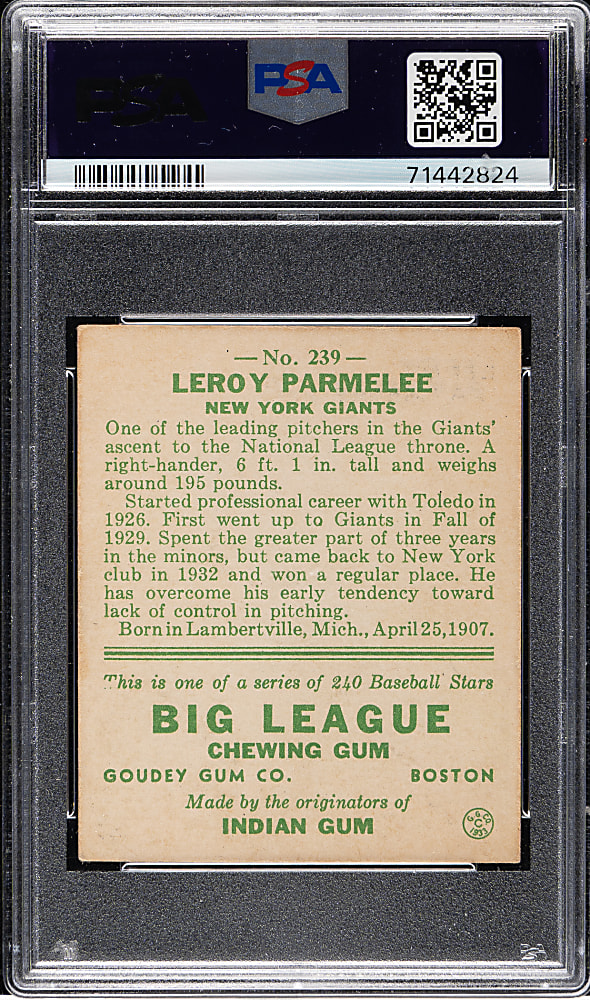 1933 R319 Goudey #239 Leroy Parmelee PSA VG-EX+ 4.5