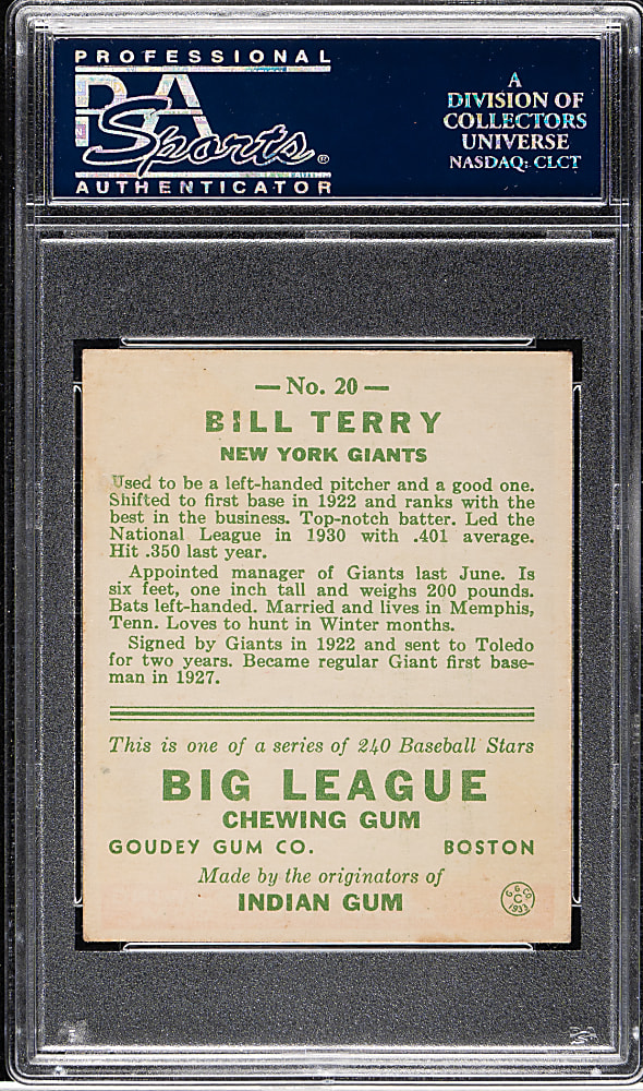 1933 R319 Goudey #20 Bill Terry PSA EX 5