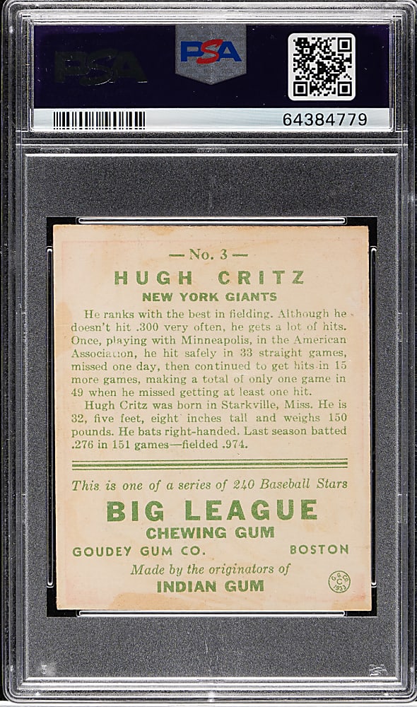 1933 R319 Goudey #3 Hugh Critz PSA EX 5