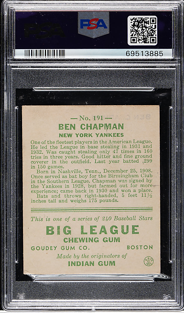 1933 R319 Goudey #191 Ben Chapman PSA EX 5