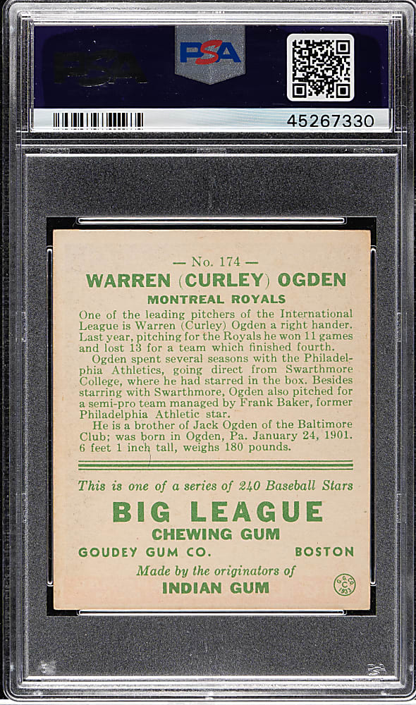 1933 R319 Goudey #174 Curley Ogden PSA EX 5
