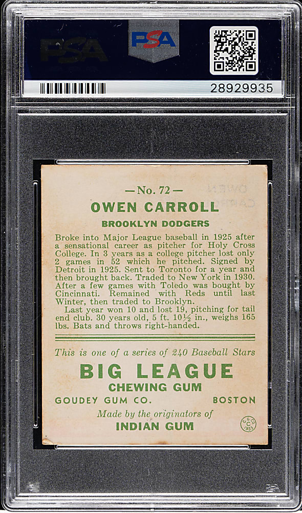 1933 R319 Goudey #72 Owen Carroll PSA EX 5