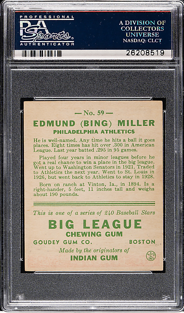 1933 R319 Goudey #59 Bing Miller PSA EX 5